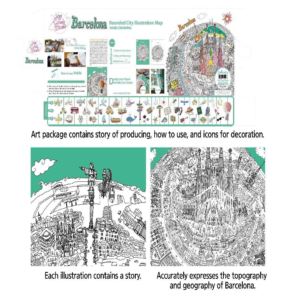 Dream Sky Lovely-Map Decorative Coloring Painting DIY Paper City Map - Barcelona